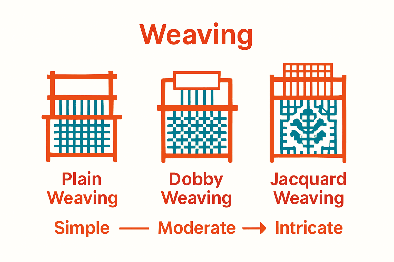 Infographic comparing Jacquard, dobby, and plain weaving methods using icons and complexity scale.