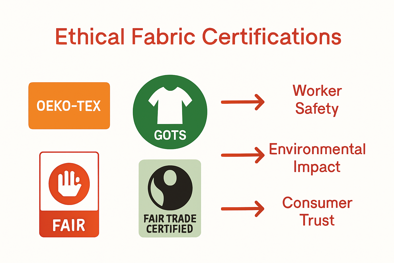 Infographic comparing Oeko-Tex, GOTS, and Fair Trade fabric certifications.