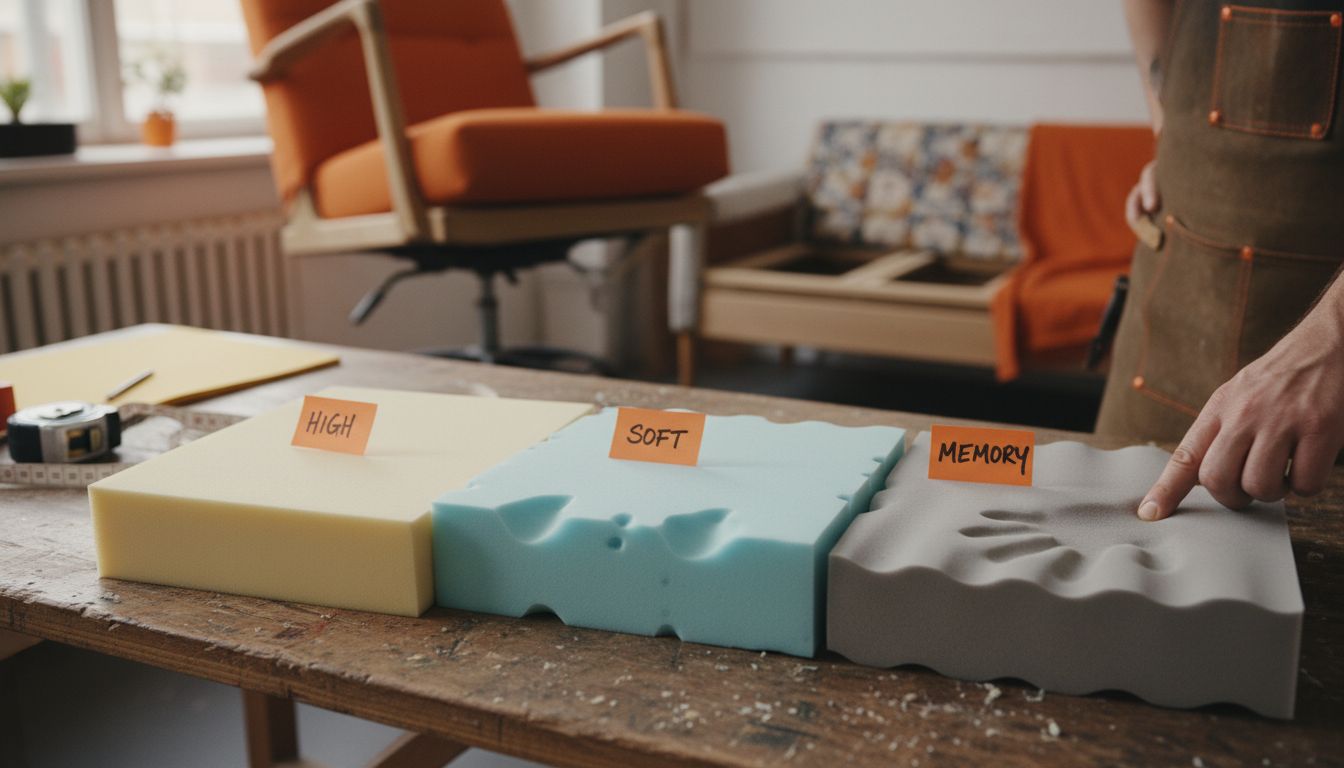 Cross-section of multiple upholstery foams on table