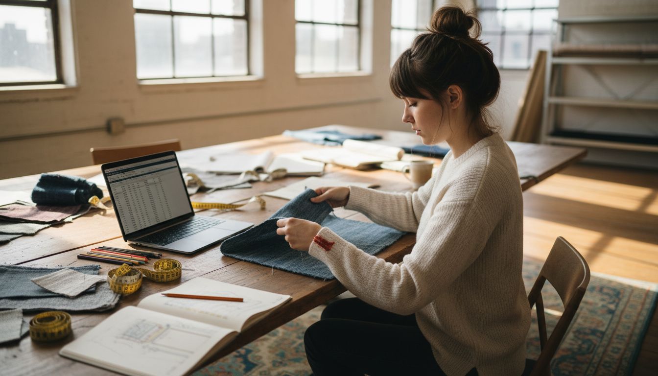 Textile designer reviewing fabric samples in studio