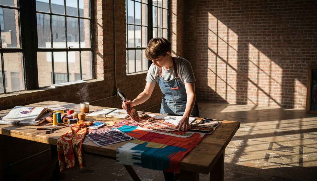 Designer reviewing colorful 2025 fabric swatches