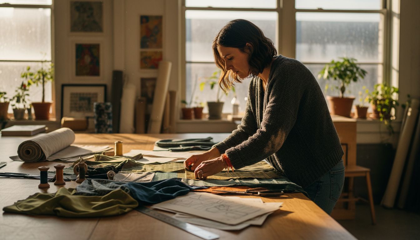 Textile designer reviewing fabric samples in studio