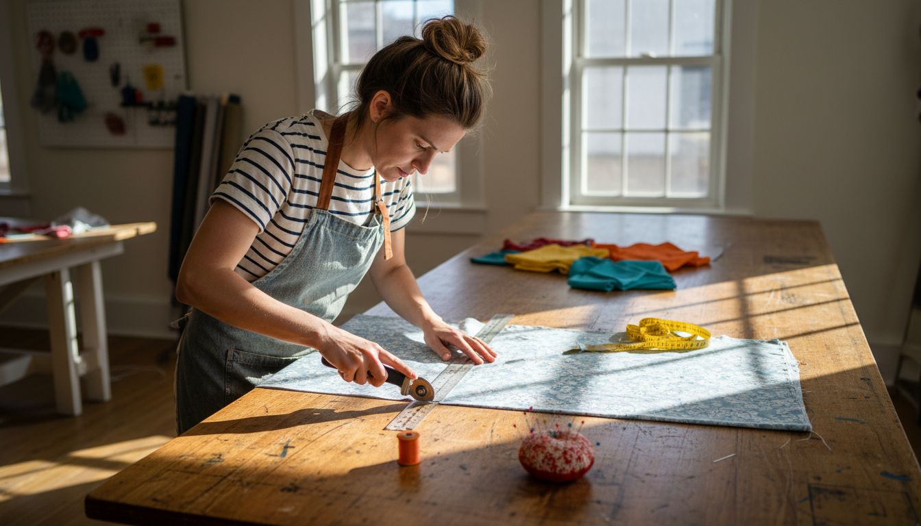 Woman cutting fabric on sewing table