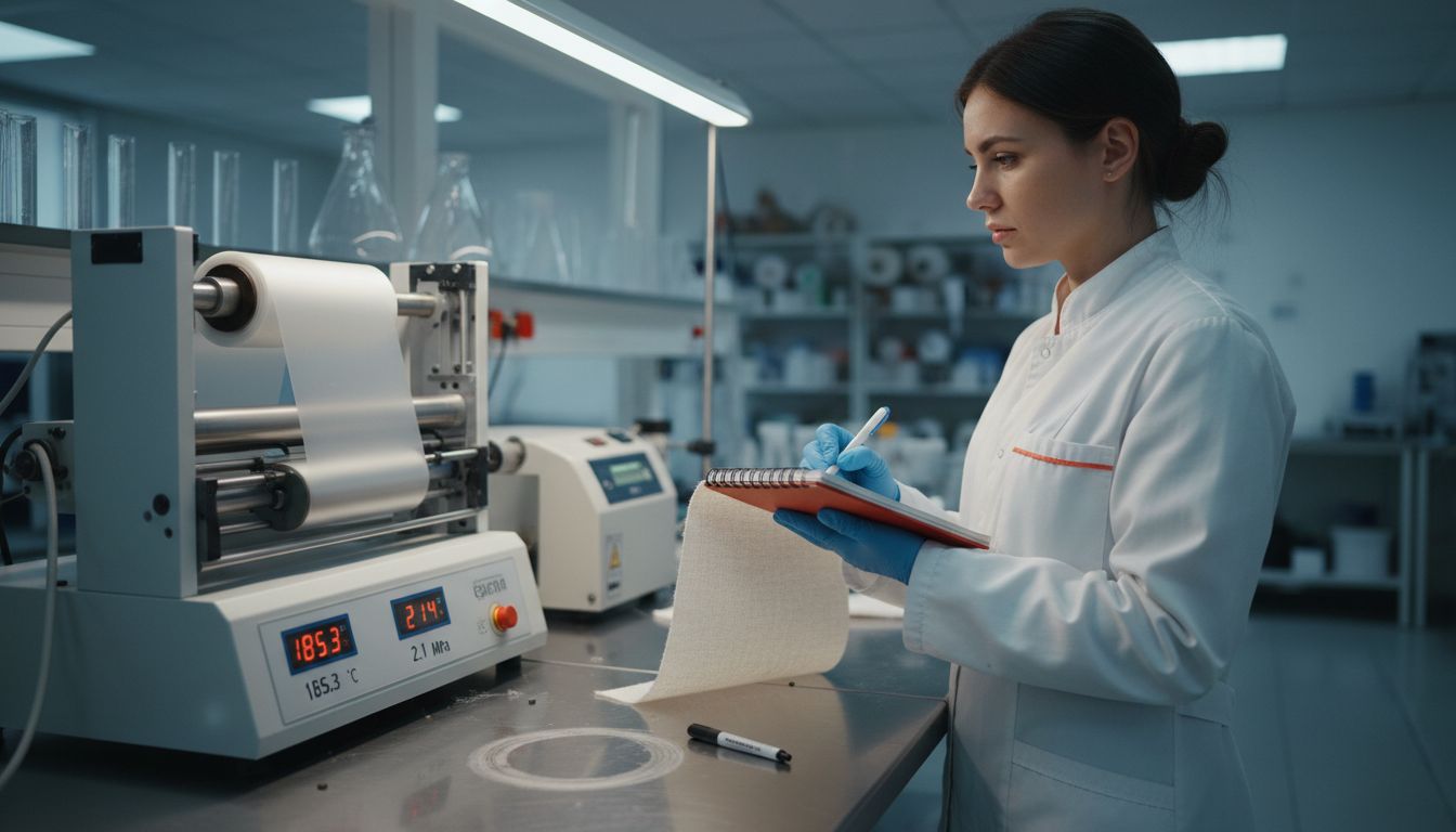 Technician inspecting nonwoven bonding process