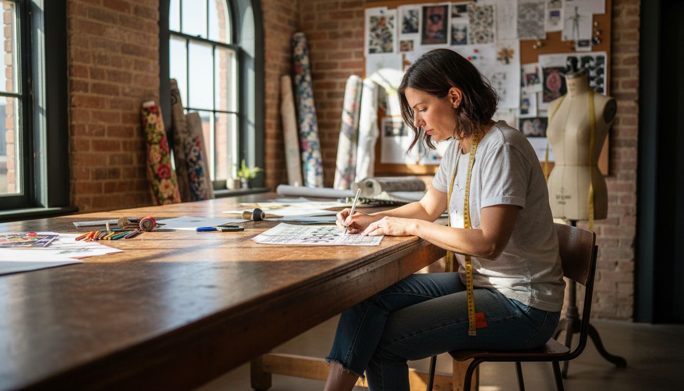 Textile designer sketches pattern repeats in studio