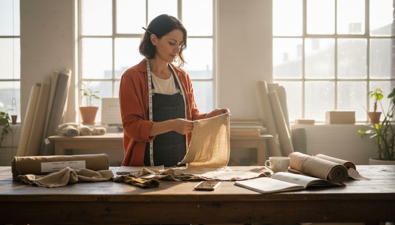 Designer examining fabric swatches in studio