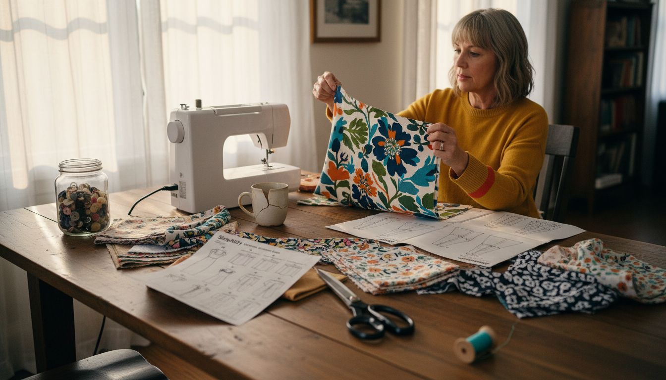 Woman reviewing fabric swatches at table