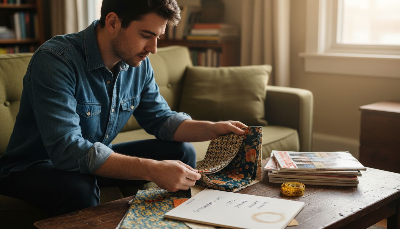 Man comparing patterned fabric samples