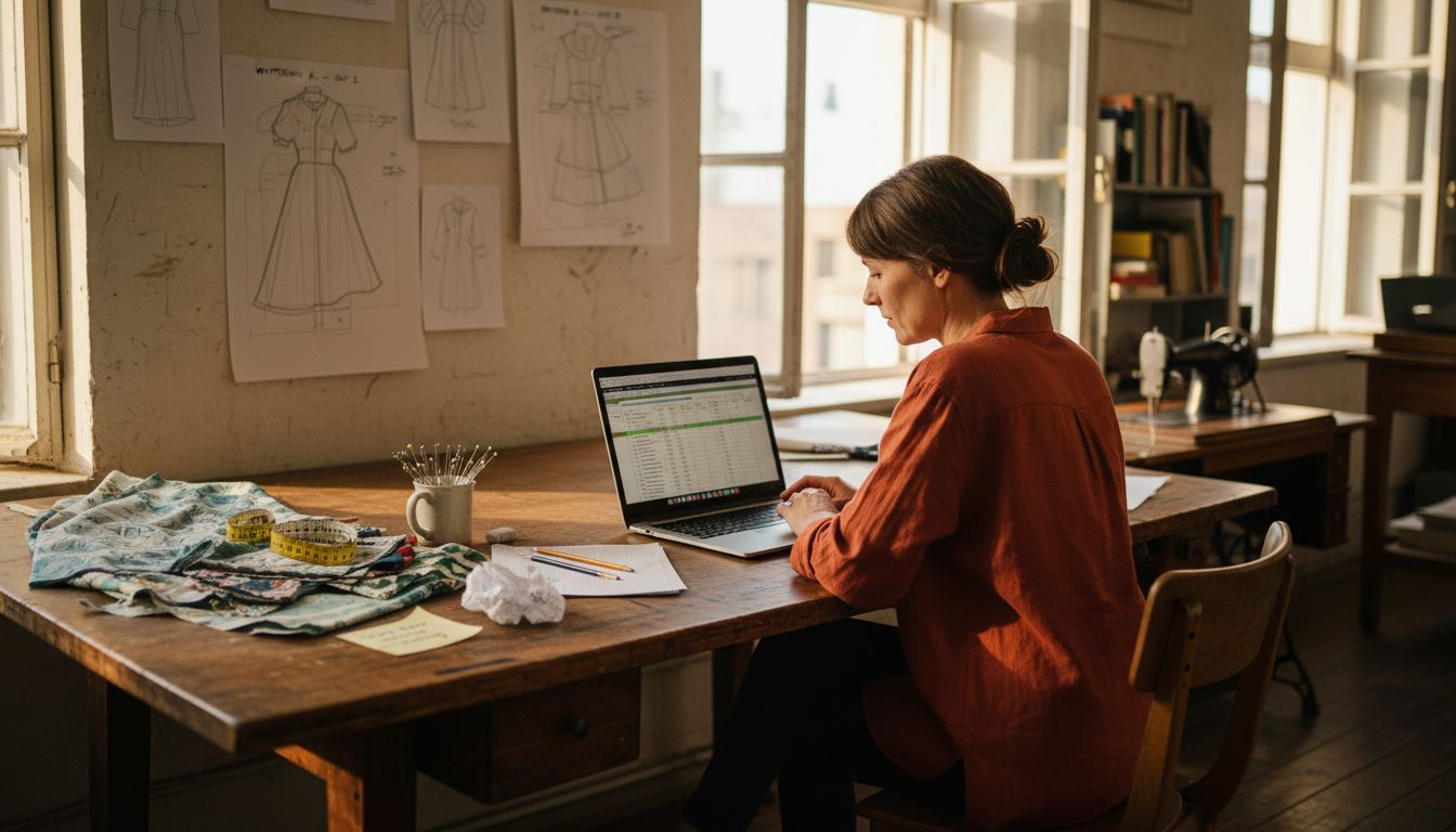 Woman at drafting table estimating fabric costs