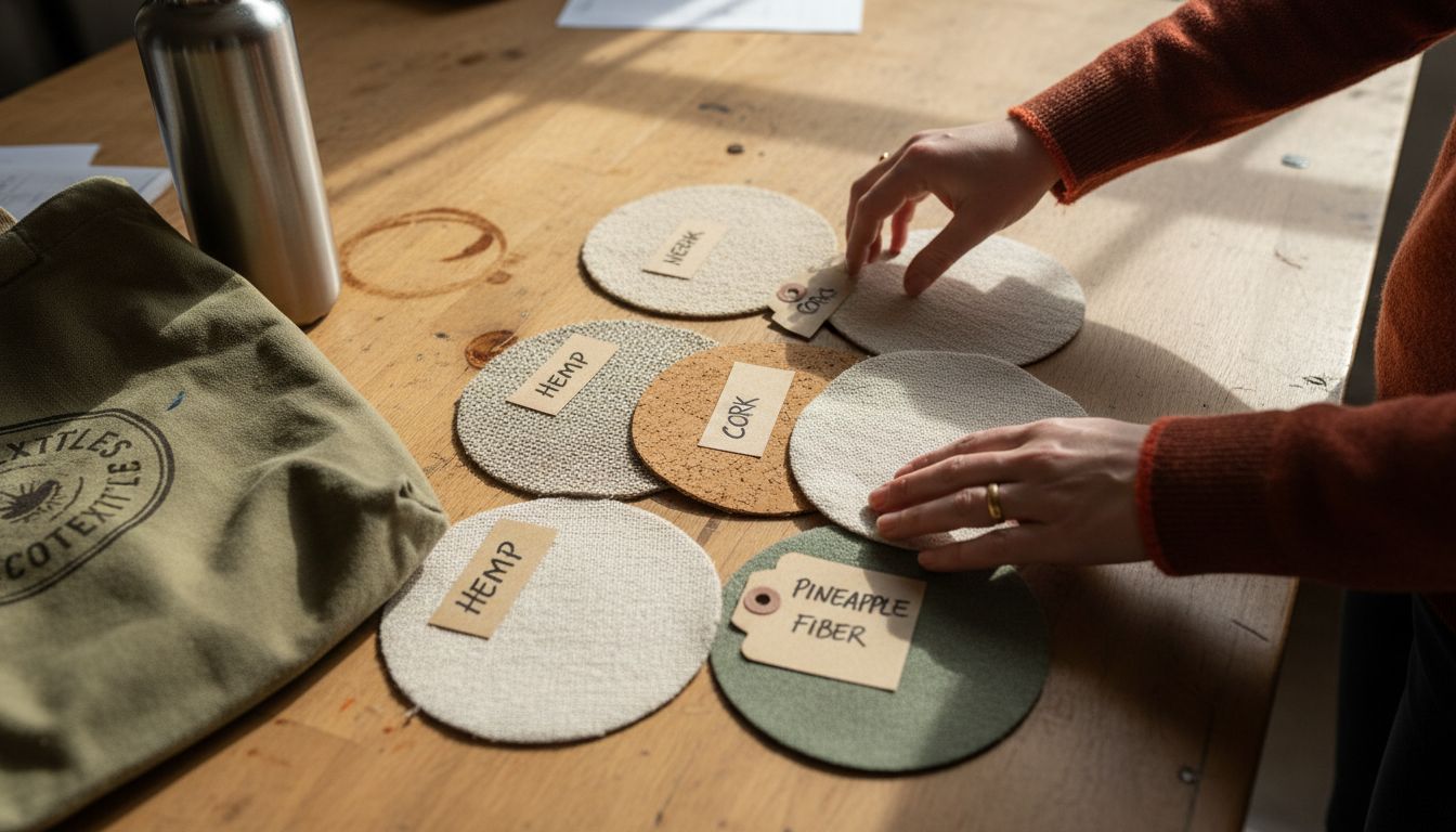 Hands sorting sustainable fabric samples on worktable
