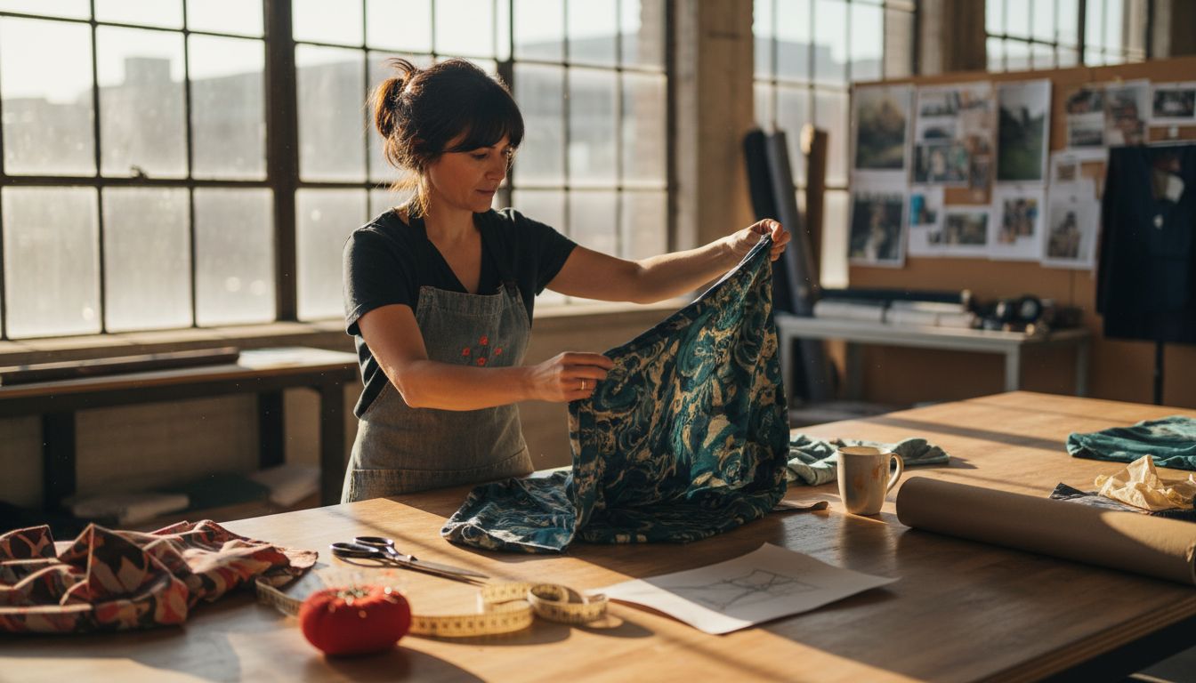 Designer examining specialty fabric in studio