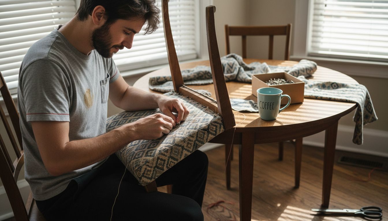 Man sewing specialty fabric onto chair