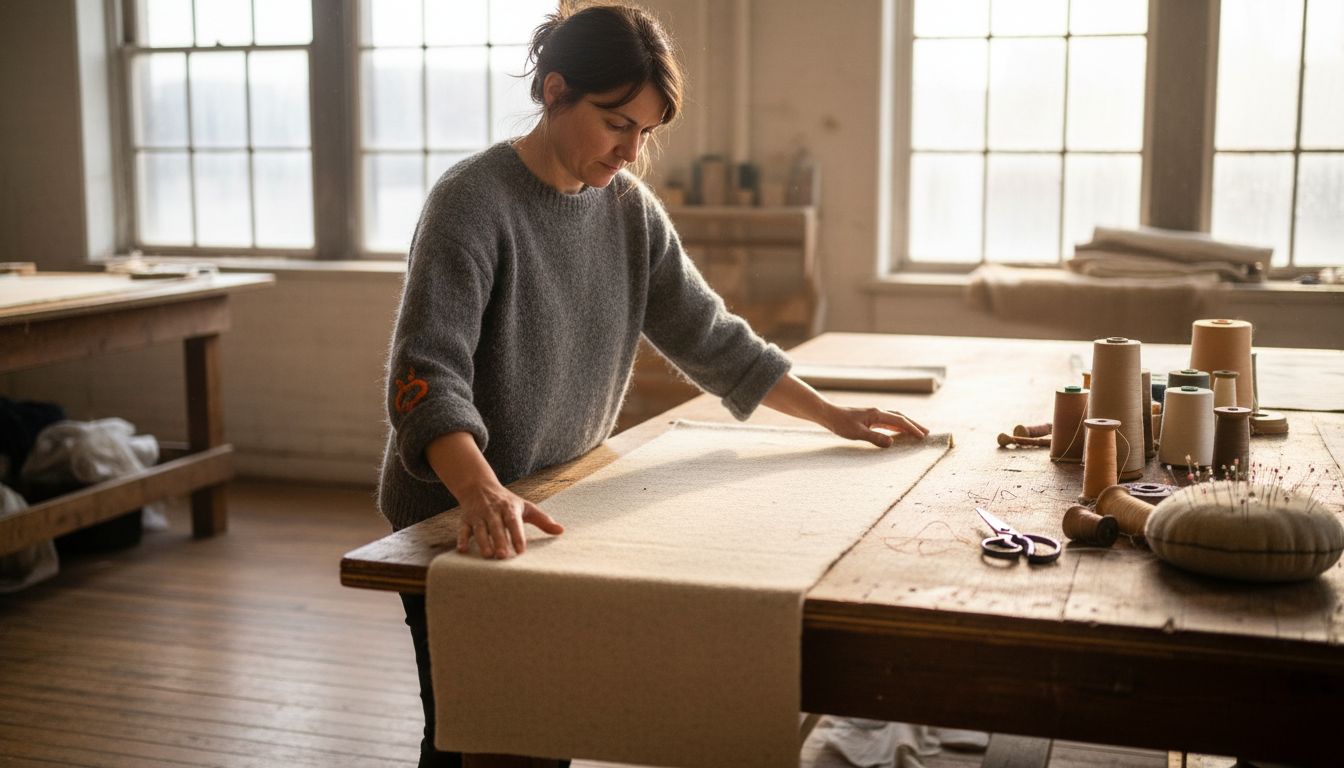 Textile artist arranging wool fabric in studio