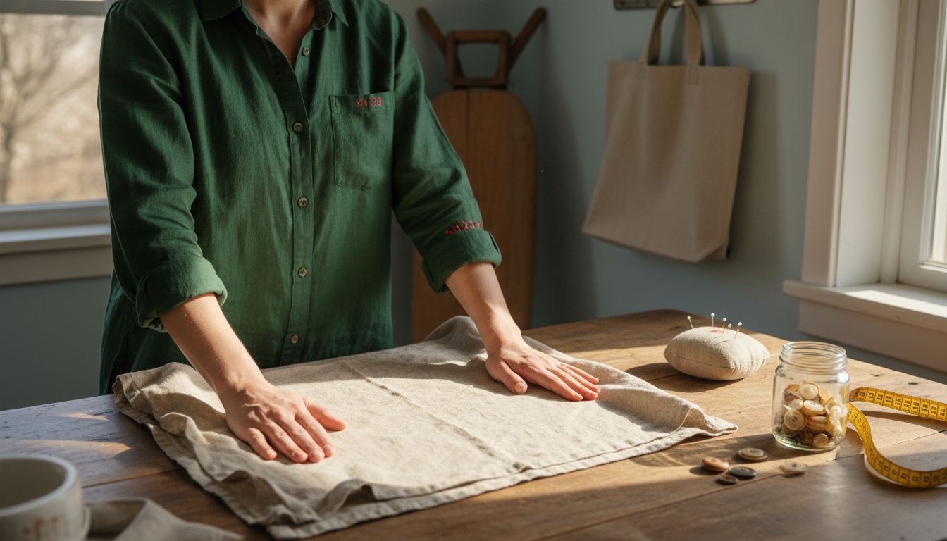 Woman working with wrinkled linen fabric in sewing room