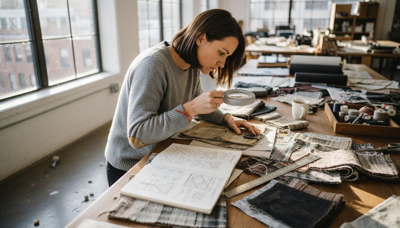 Designer examining fabric samples for durability