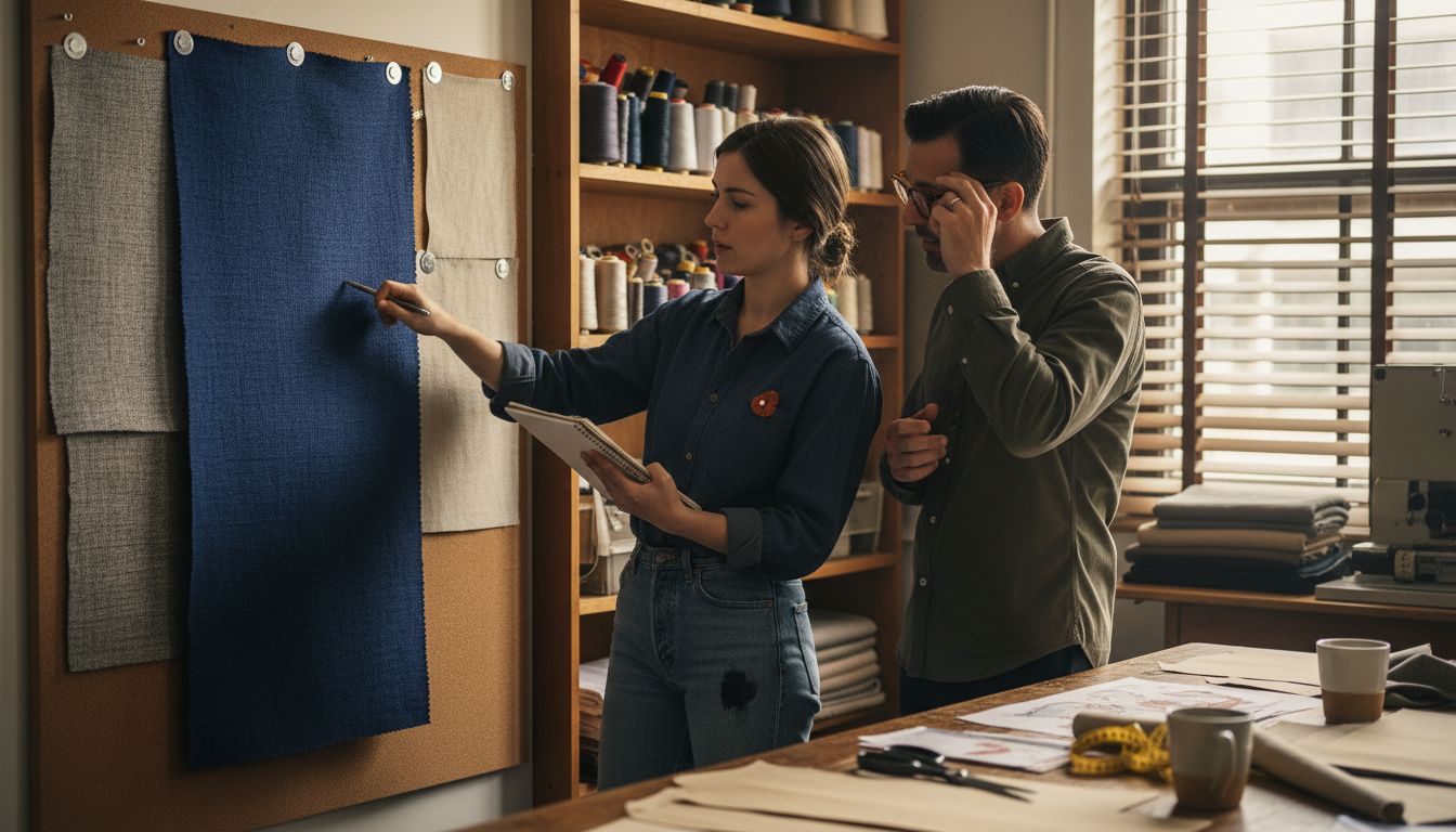 Designers analyzing fabric weave samples