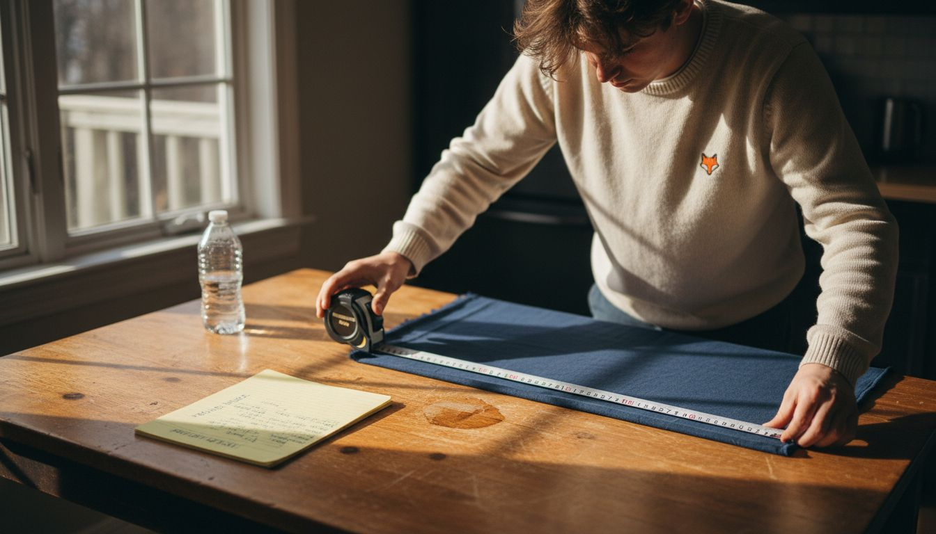 Man measuring fabric width at table