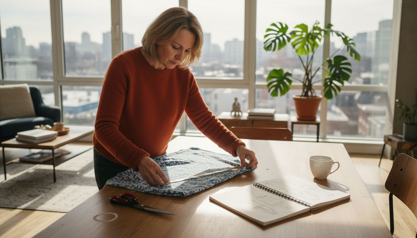 Woman measuring fabric with sewing tools