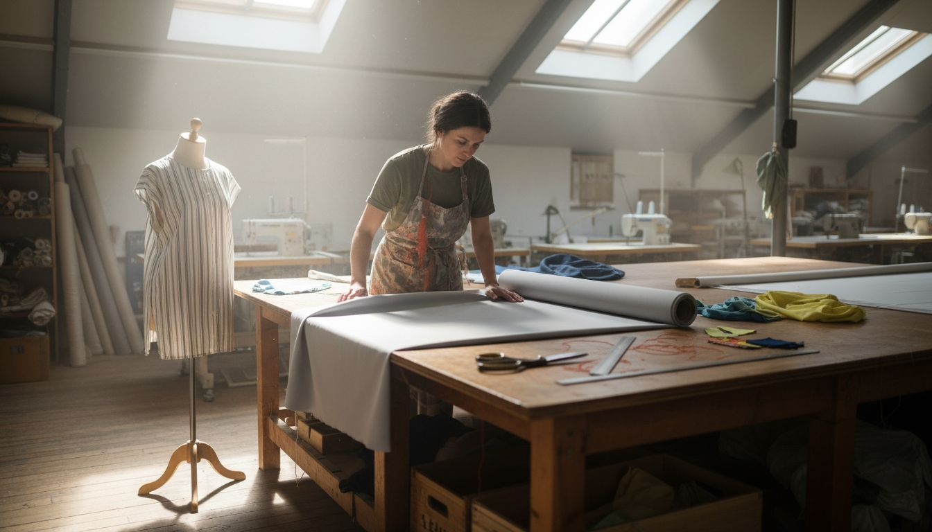 Textile maker examines polyester fabric in studio