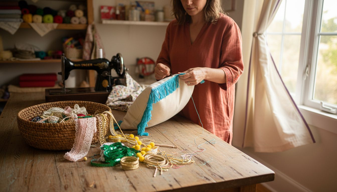 Crafter sewing decorative trims at home table