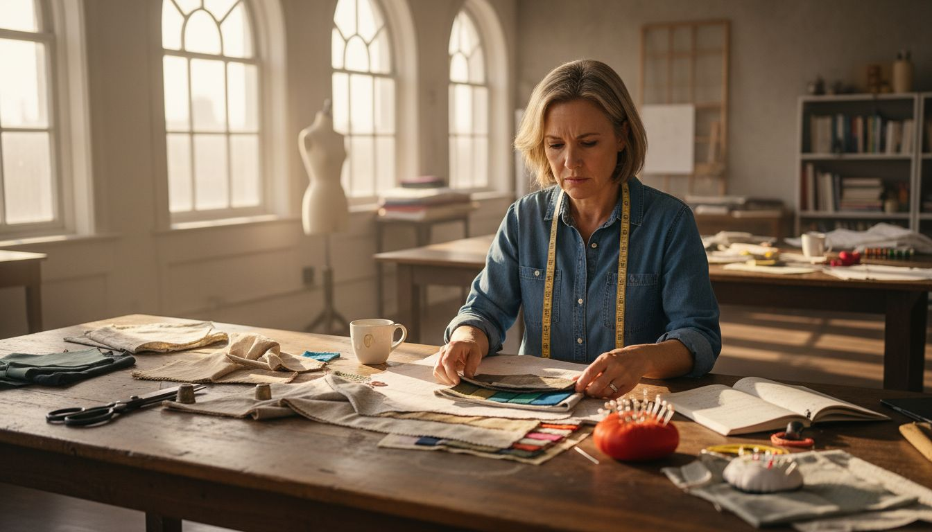 Designer selecting fabrics at creative table