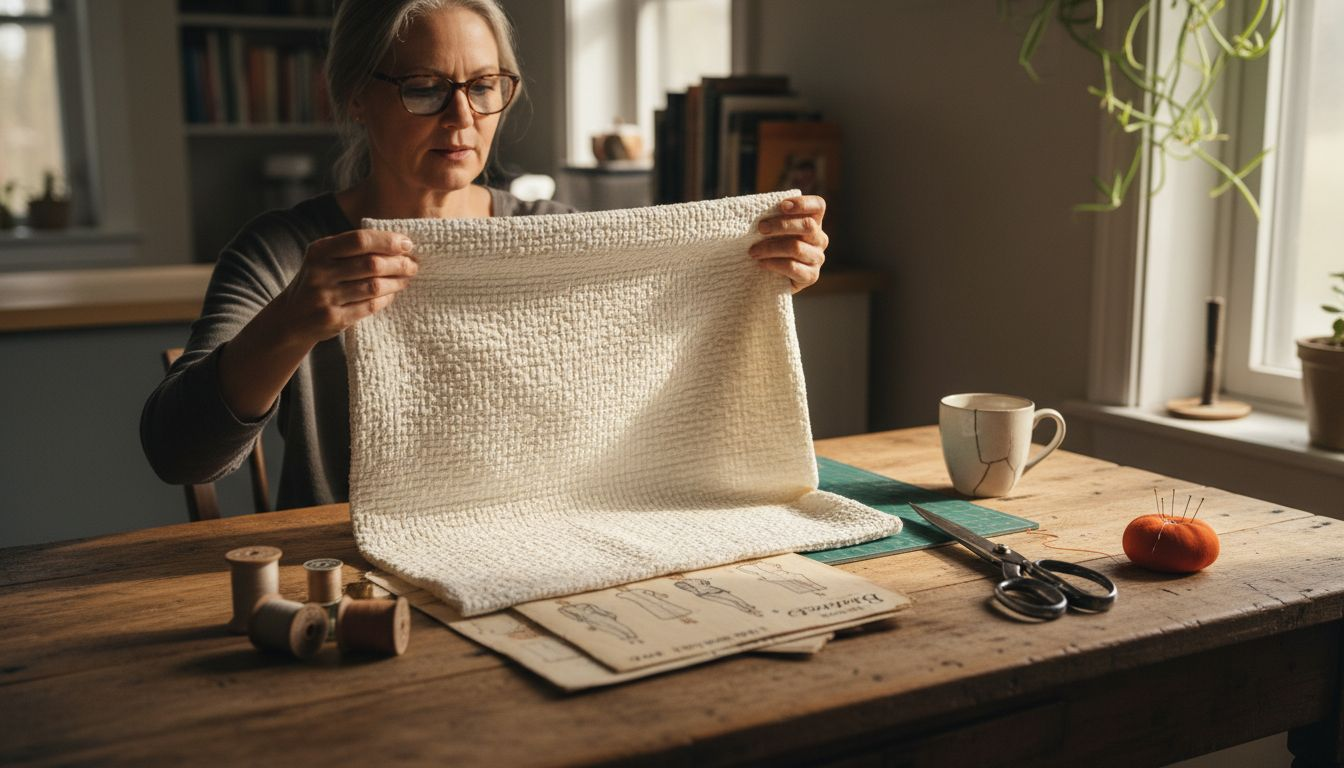 Woman examines matelassé fabric at kitchen table