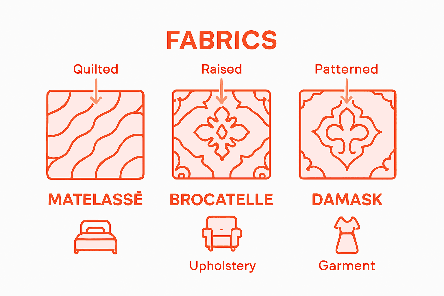 Infographic comparing matelassé and similar fabrics