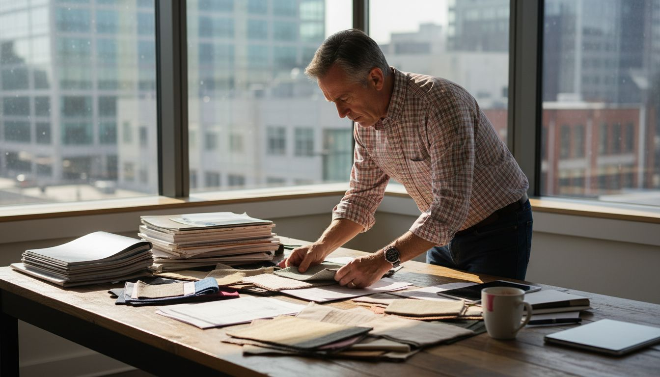 Textile buyer reviewing fabric samples in office