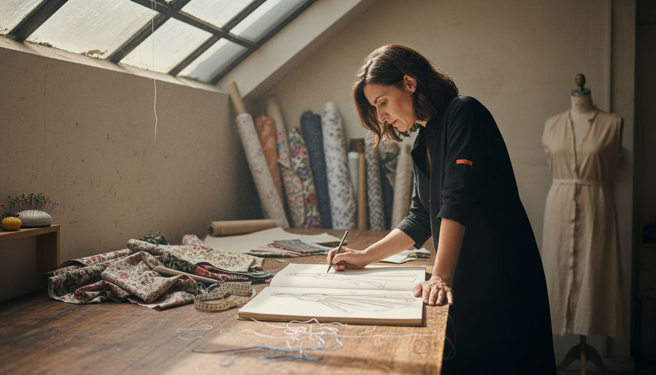Designer sketching at fabric-filled workspace