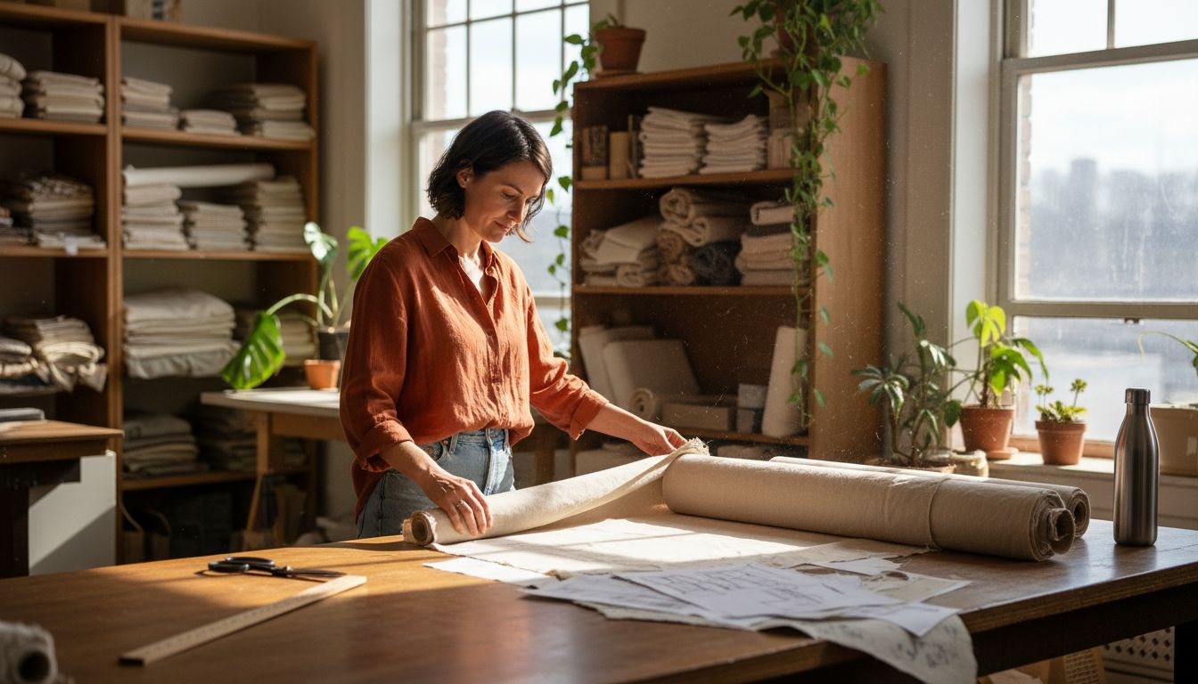 Designer inspecting organic cotton in textile studio