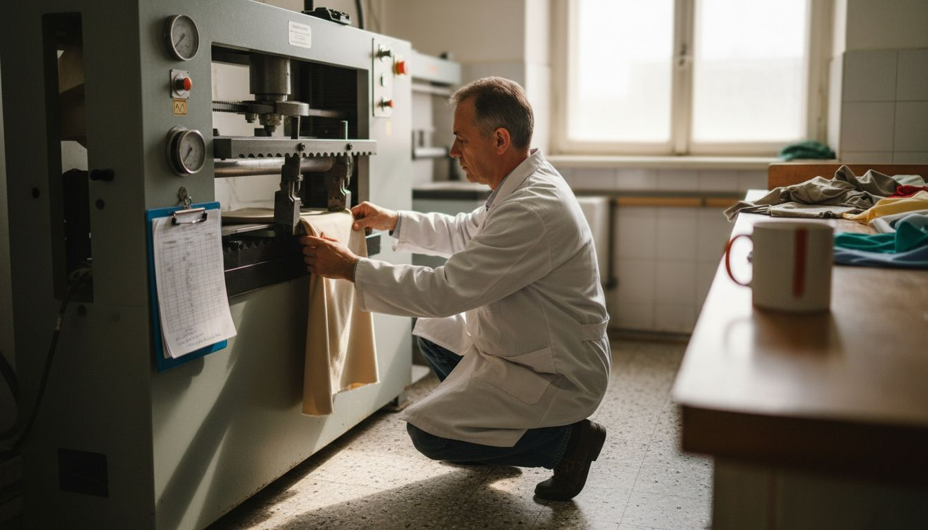Technician testing polyester fabric durability