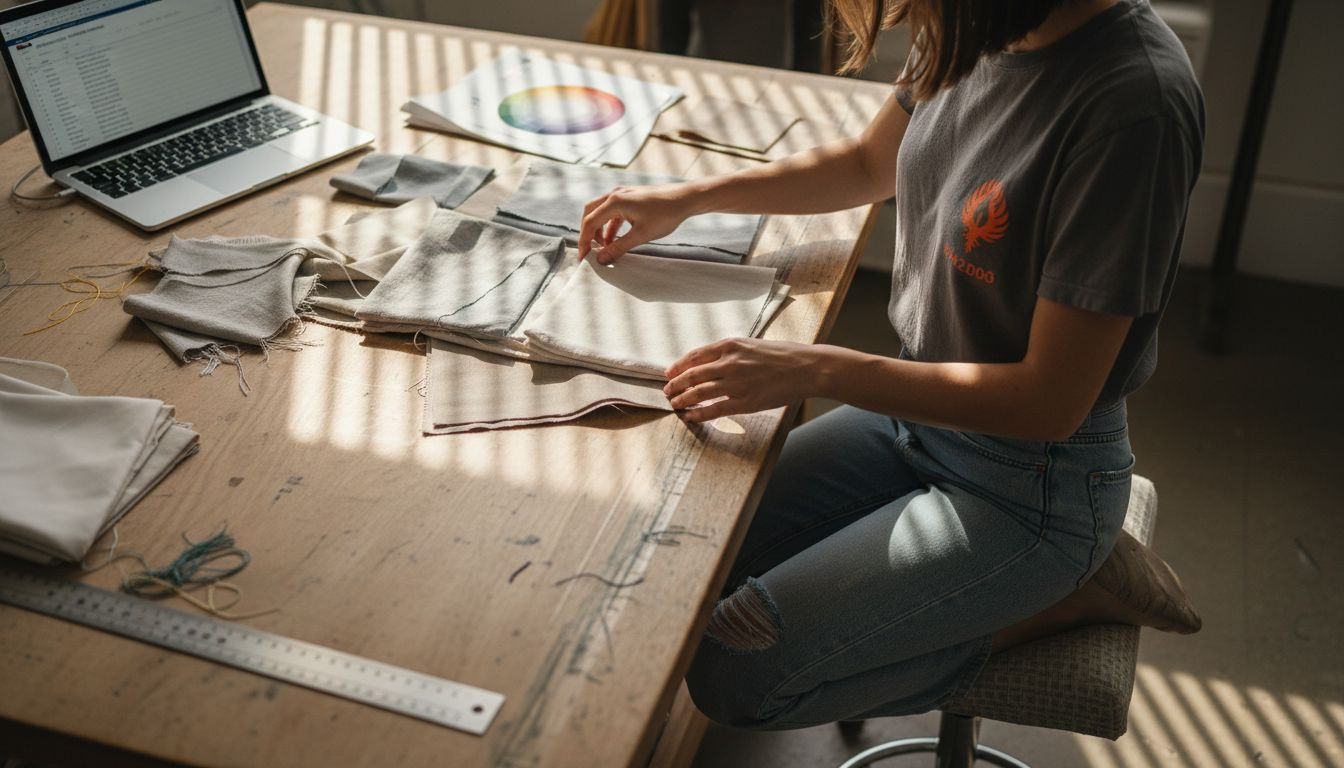 Designer comparing various fabric swatches on table