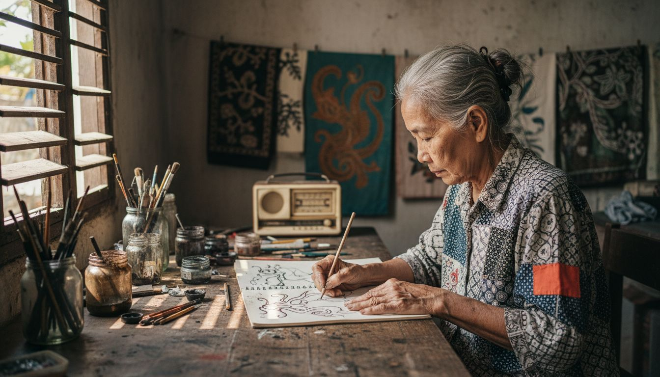 Artisan sketching batik motifs at table