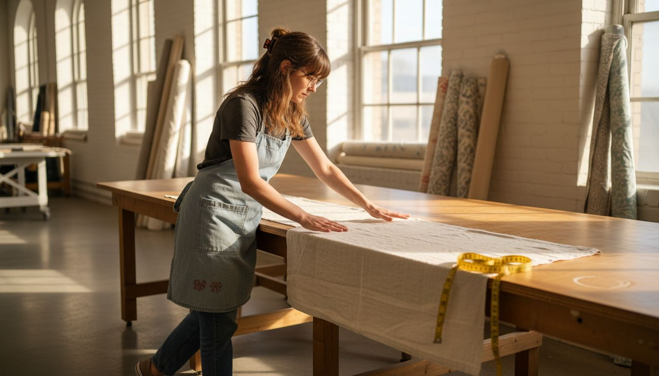Designer arranging fabric grain on studio table