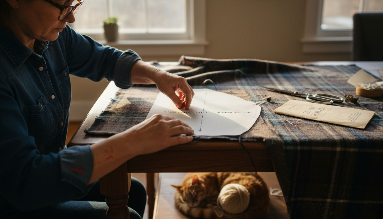 Sewist aligning pattern grain line on fabric