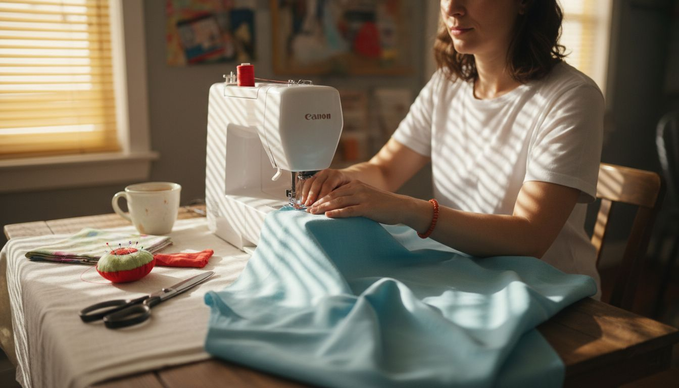 Sewist working with blue Tencel fabric