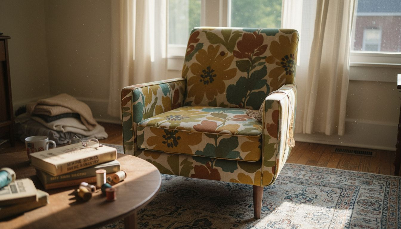 Upholstered chair with custom printed fabric
