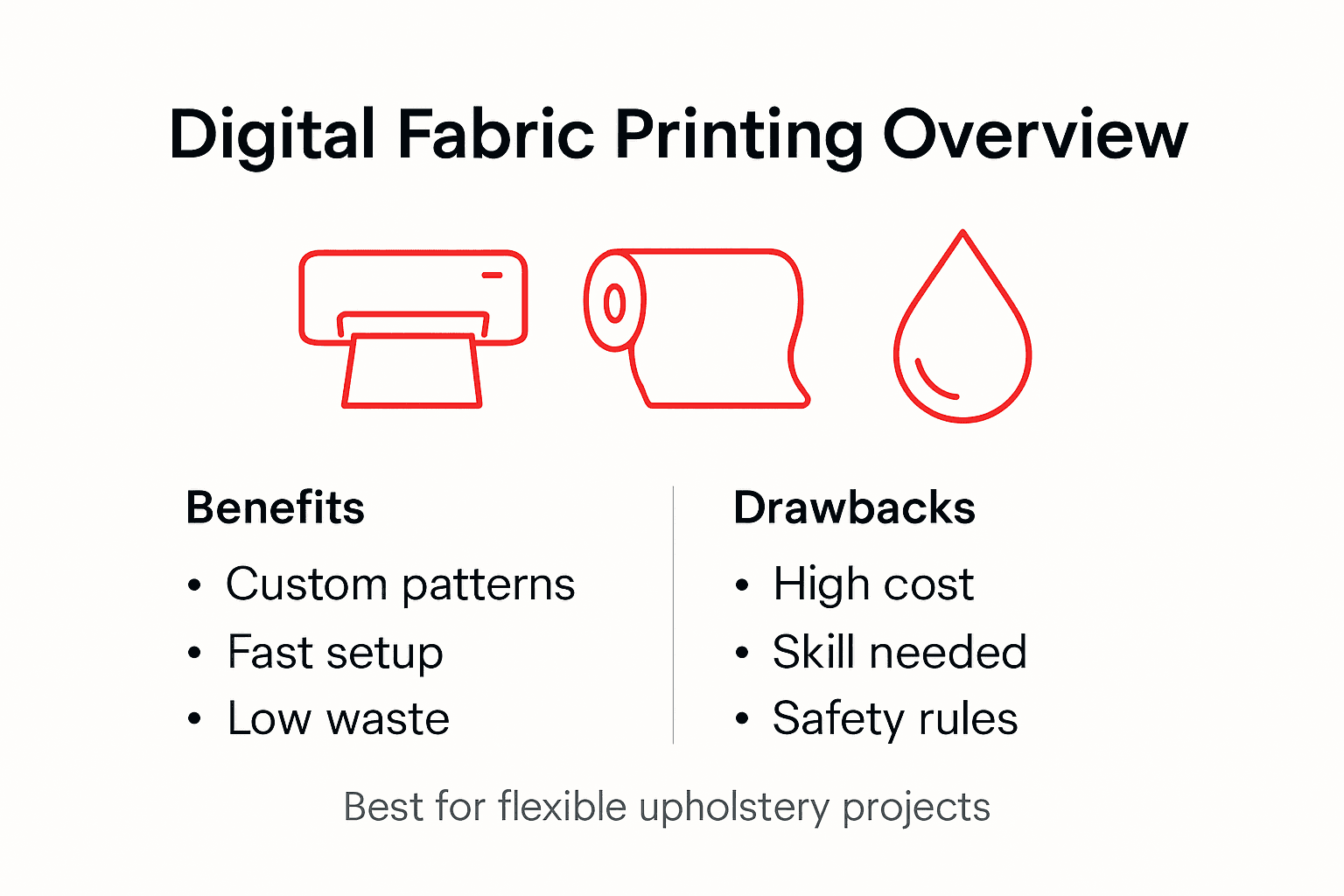 Infographic showing benefits and drawbacks digital fabric printing