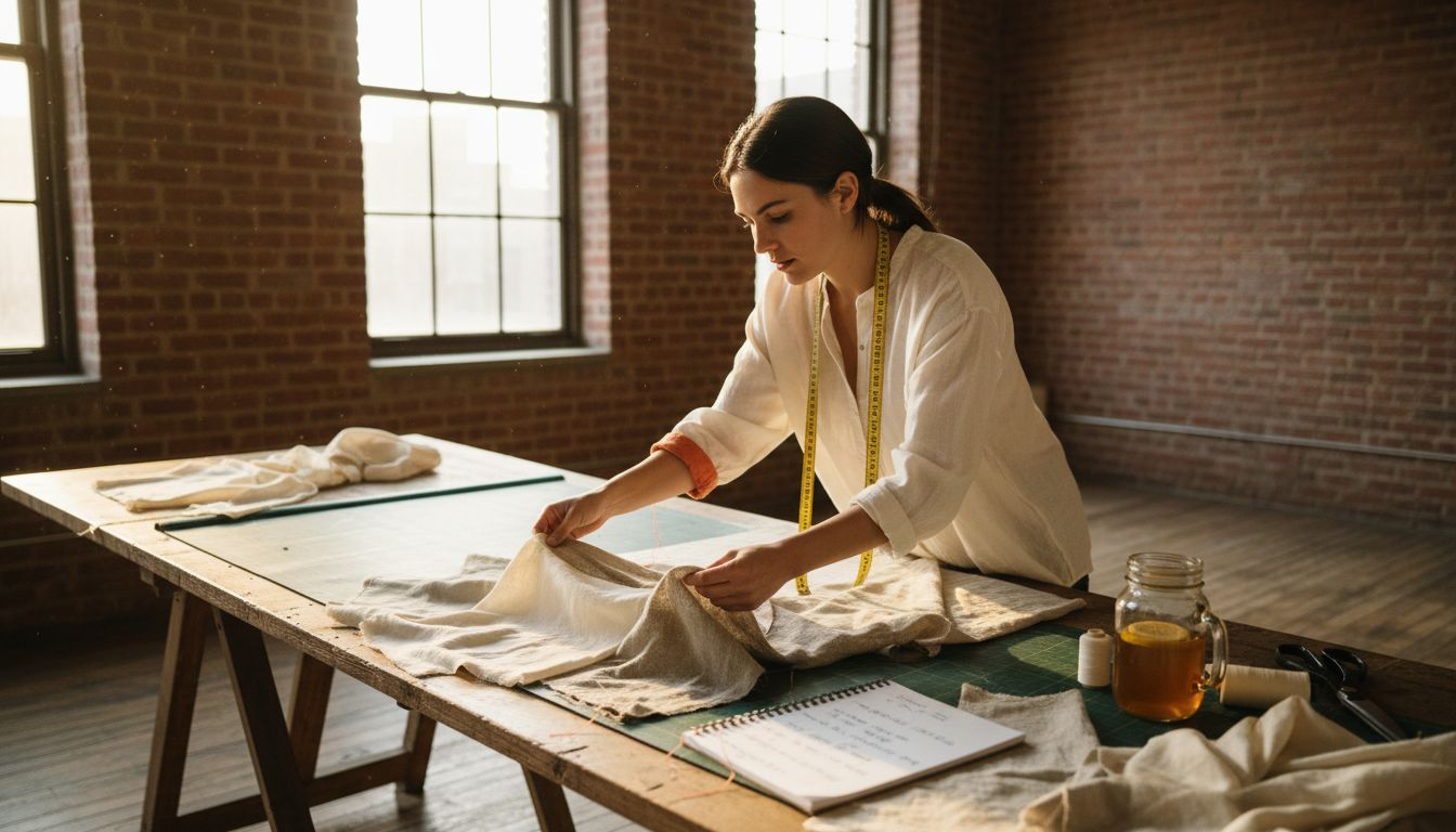 Designer examining natural fiber fabric samples in sunlit studio