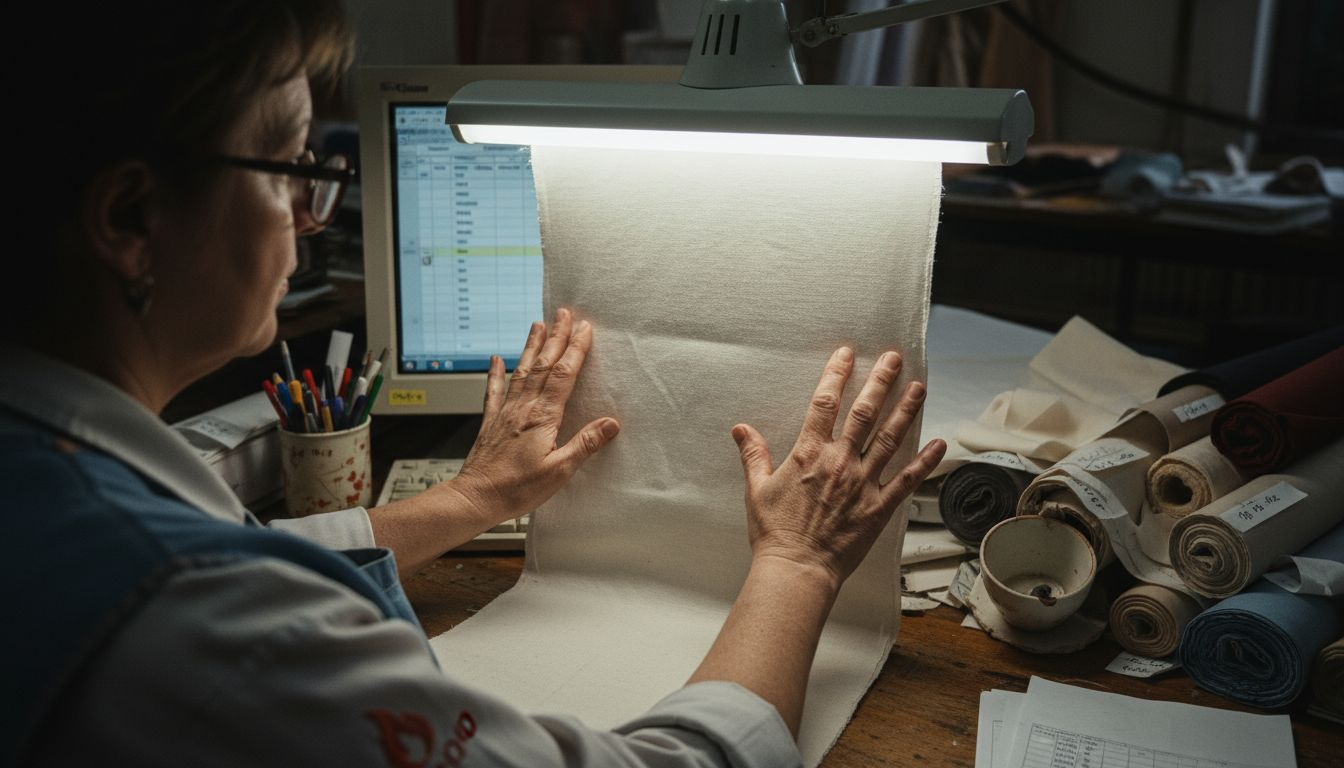 Inspector checking texture of finished cotton fabric