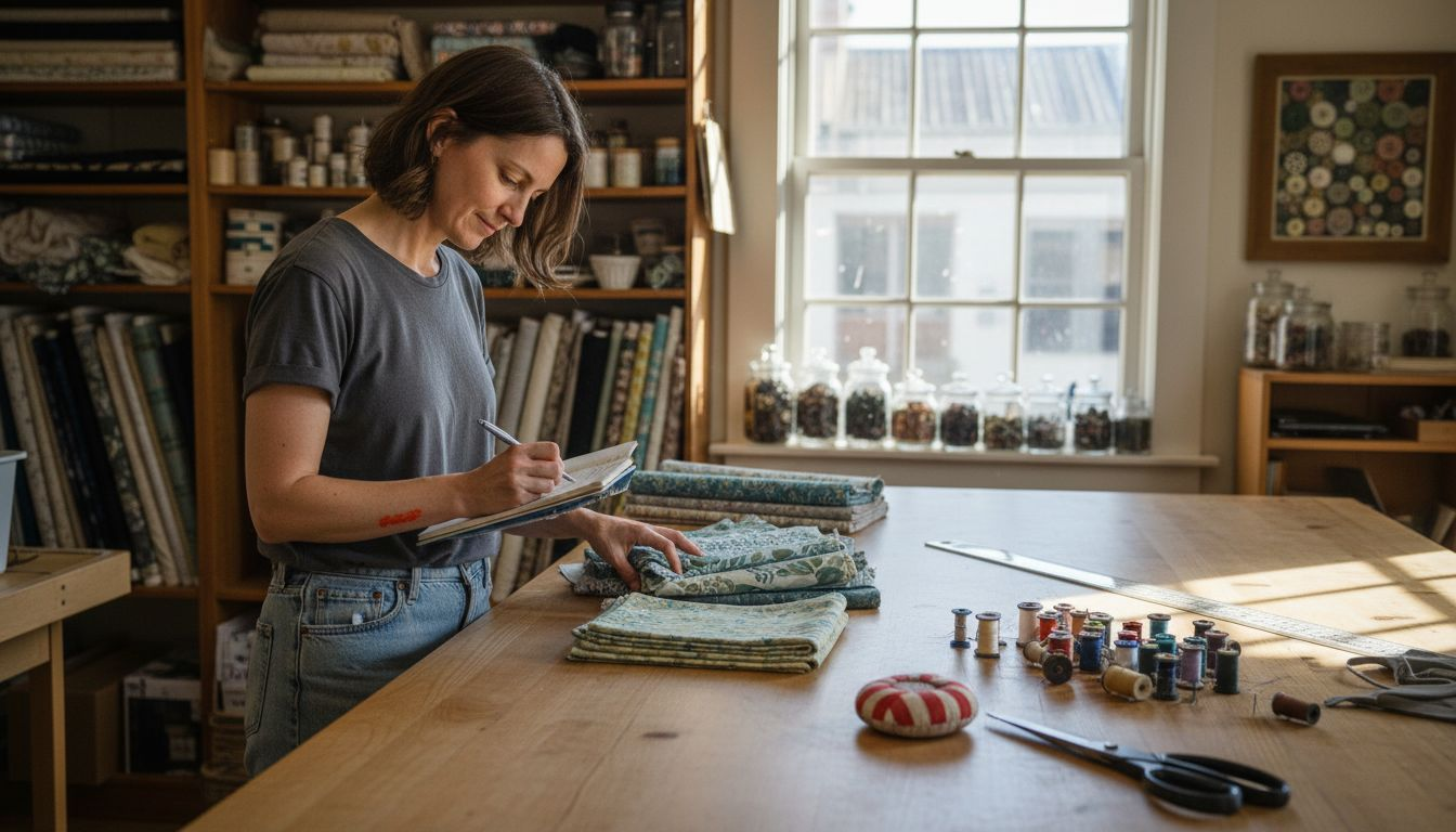 Quilter in workspace choosing fabrics