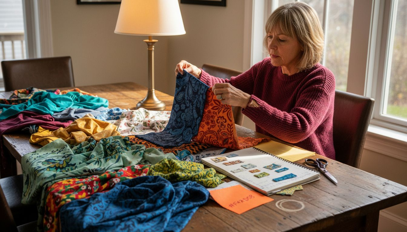 Woman comparing quilt fabric color swatches
