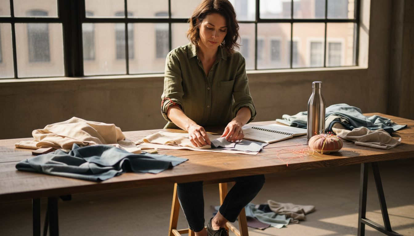 Designer comparing sustainable fabric swatches