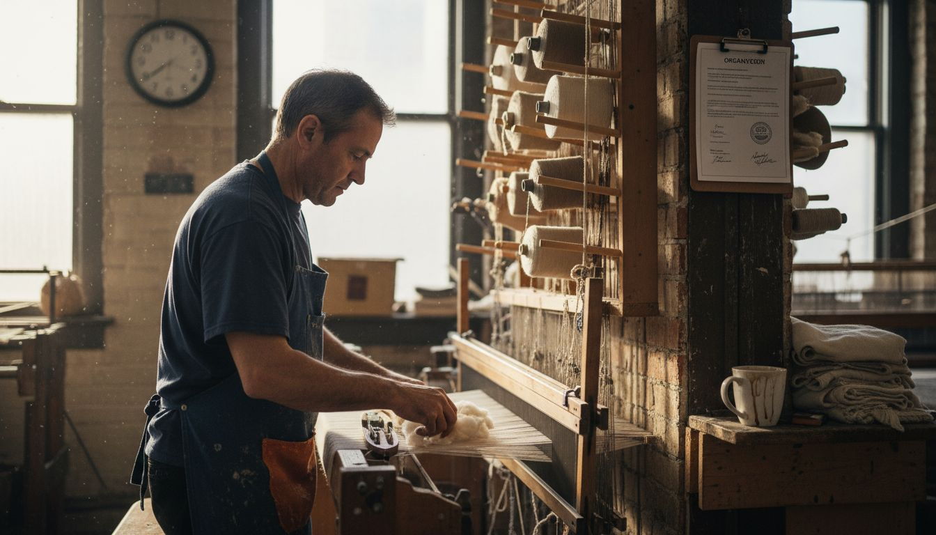 Worker operating loom with sustainable cotton