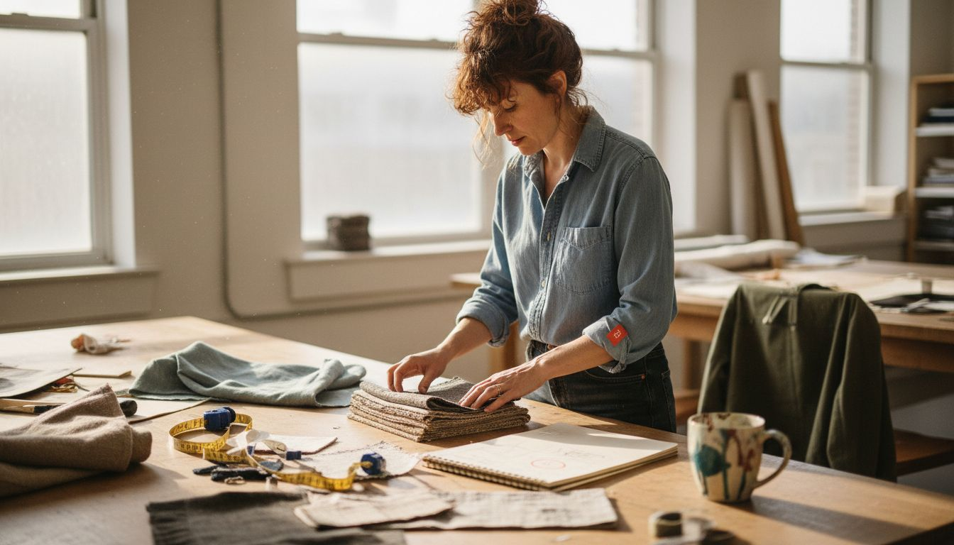 Designer reviewing textured weave fabric swatches