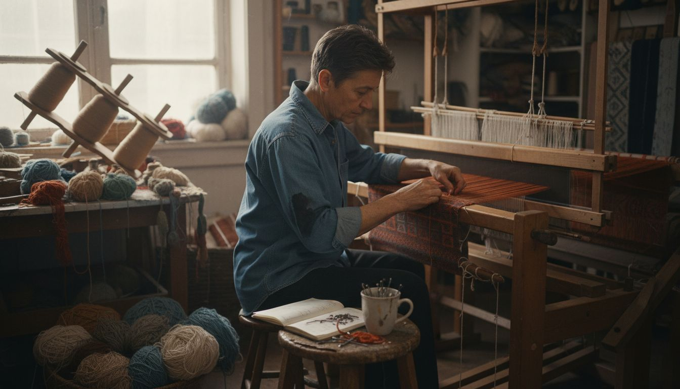 Artisan weaving fabric on handloom