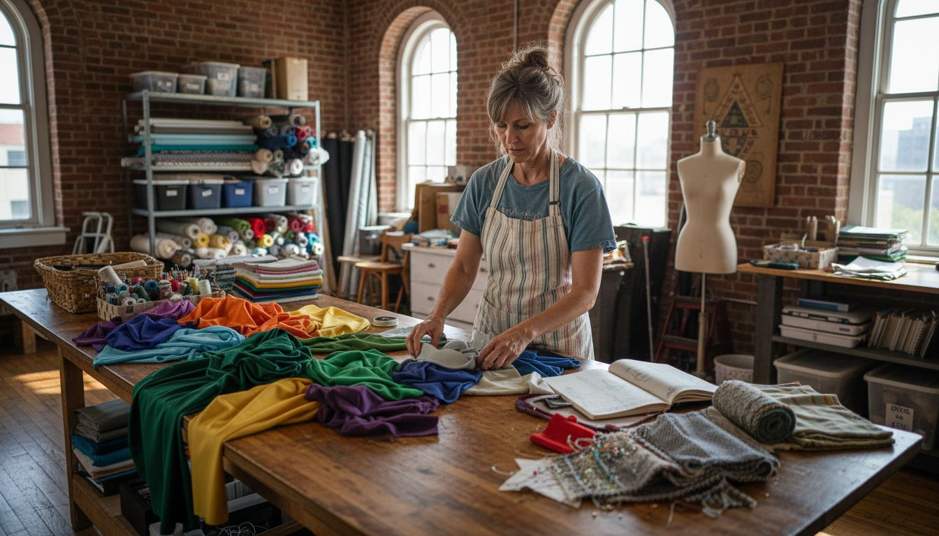Woman sorting fabrics in sewing studio