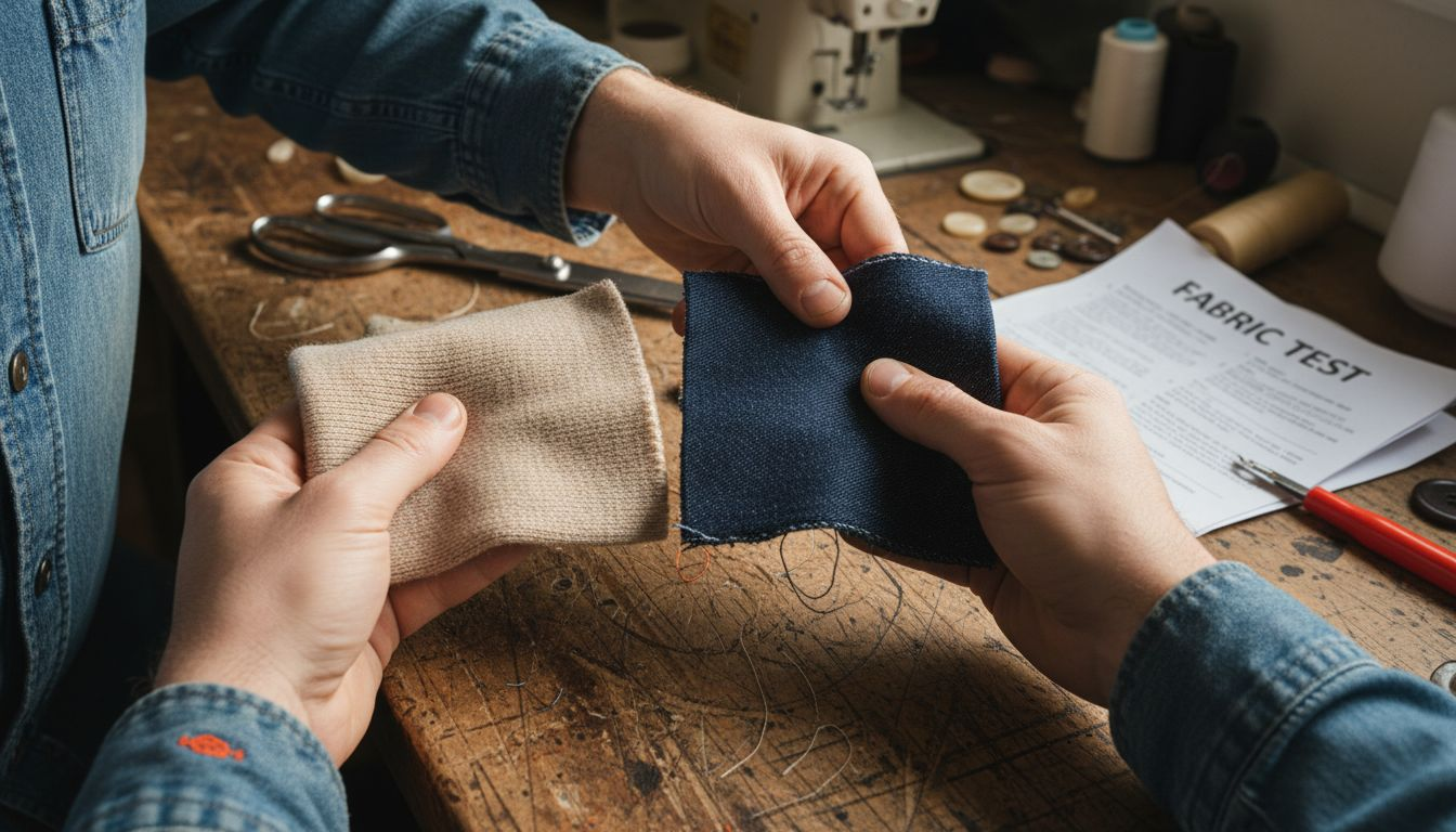 Hands comparing knit and woven swatches