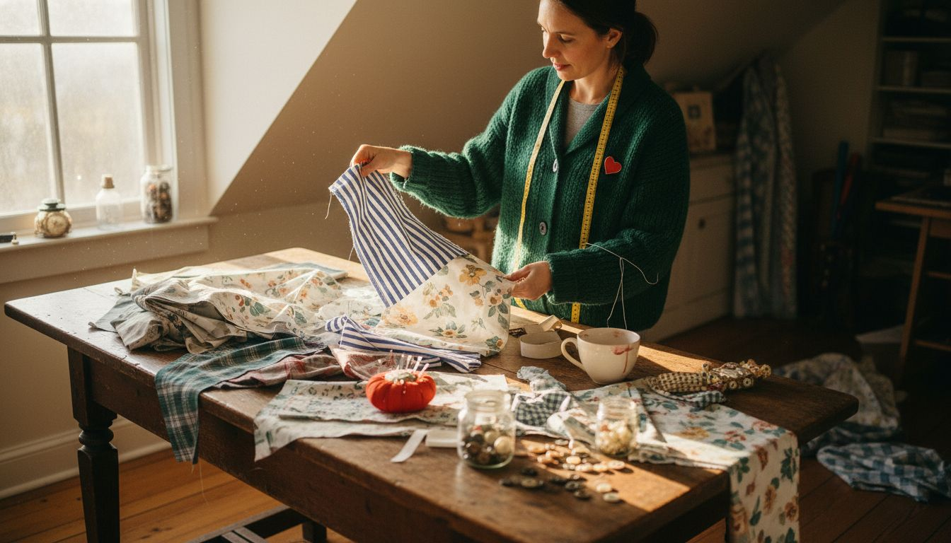 Crafter sorting colorful fabric swatches on table