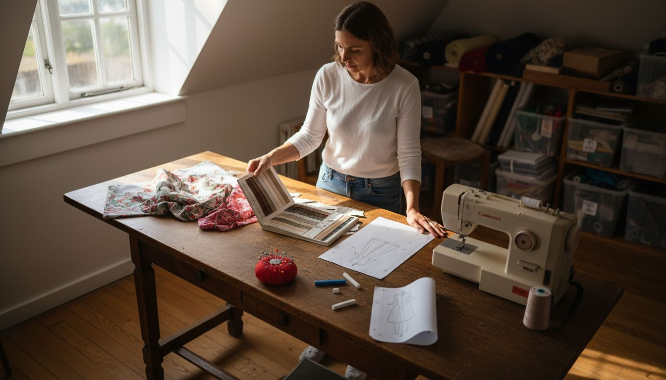 Sewer choosing lining fabrics at sewing table